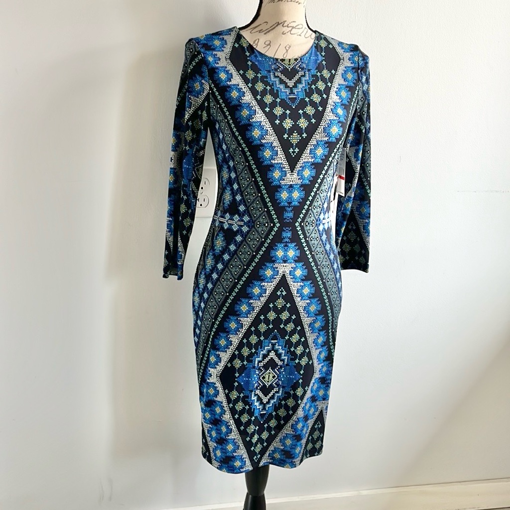 Nwt Karen Kane Midnight Sun Diamond Print Midi Long Sleeve Dress Size Xs